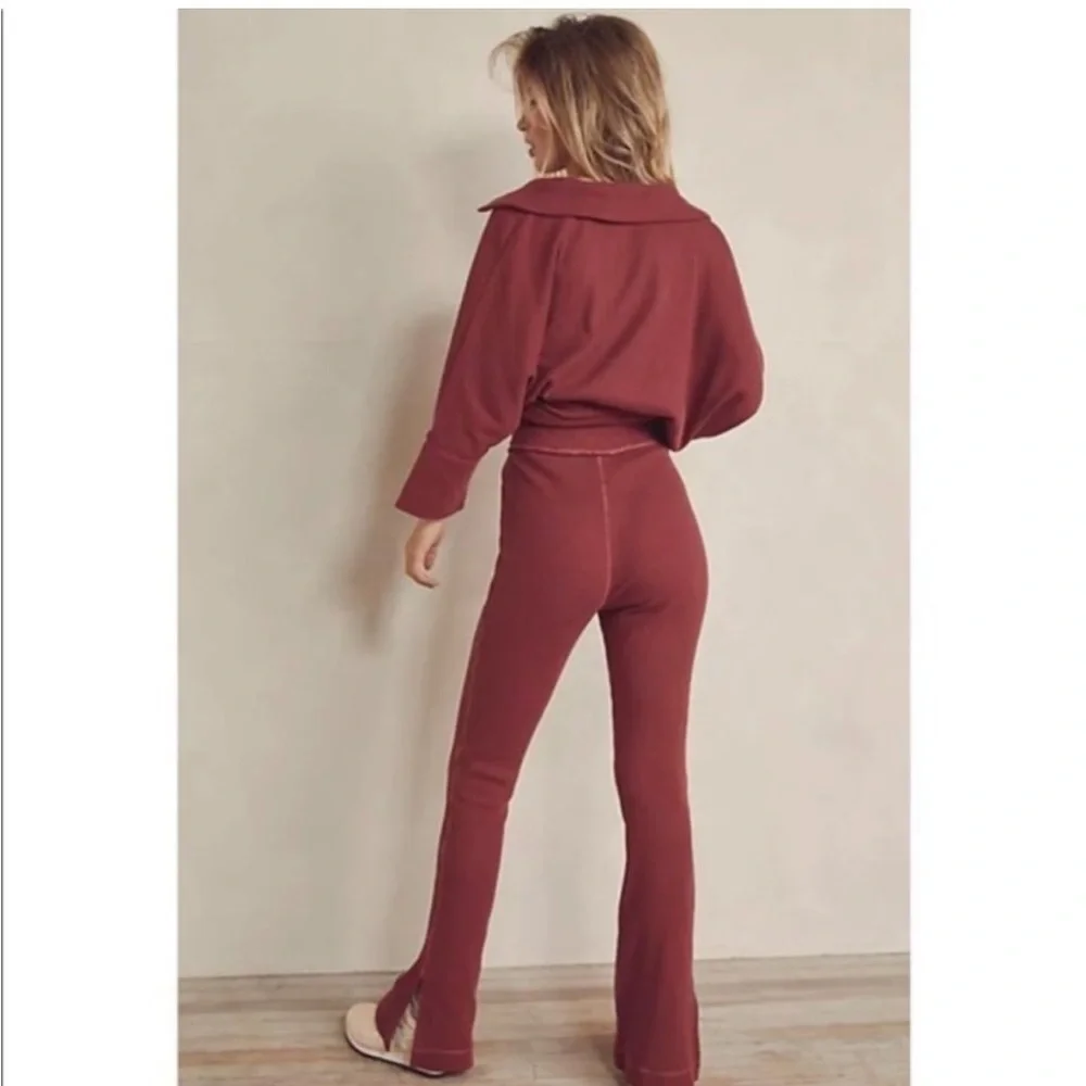 Free People Under the Stars Slim Flare Thermal Pants Rosewood Red Pink